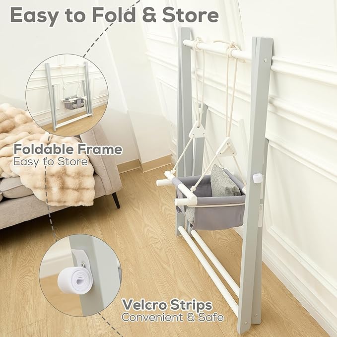 FUNLIO Montessori Wooden Swing Set for Toddlers 6-36 Months, Foldable Indoor Baby Swing Set of Durable Pine, Portable with 4 Sandbags &Extension Straps, Toddler Swing for Indoor/Outdoor-Gray