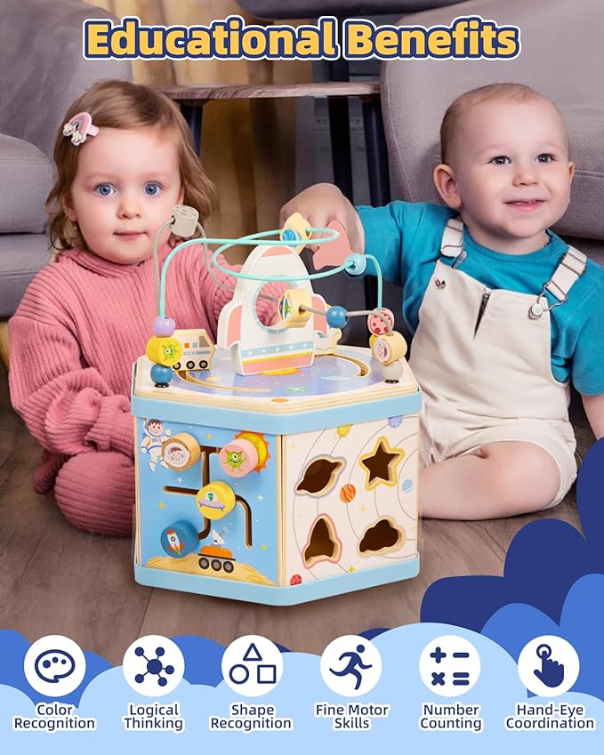 Gleamkid Large Wooden Space Activity Cube Toys, 9-in-1 Early Educational Montessori Learning Toys for 2 3 4 Toddlers with Abacus Bead Maze for 24+ Months Boys Girls First Birthday