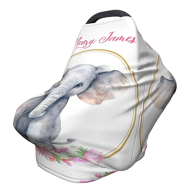 Personalized Car Seat Covers with Name, Elephant Baby Canopy Carrier Cover, Breathable Breastfeeding Nursing Cover, Stretchy Multi-Use Infant Carseat Stroller Cover