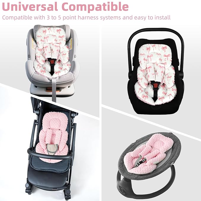 Infant Car Seat Insert Cushion, Baby Car Seat Head Body Support for Girls & Boys, Reversible Newborn Car Seat Insert with 2 Extra Strap Paddings, Premature Car Seat Cushion, Pink Bow