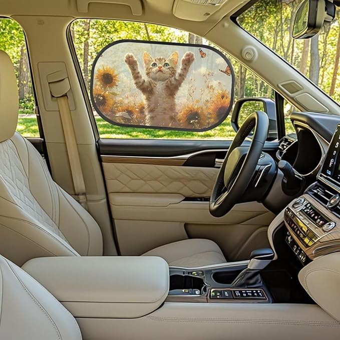 Bulopur Cute Cat Car Sun Shade 2 Pack Car Window Shades for Baby Cute Design UV Protection Breathable Easy to Install Car Decor Accessories Fit Most Car, Truck, SUV, or Van