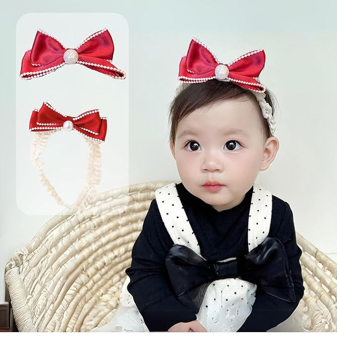 Bow Lace Headbands for Baby Girls Soft Tulle Ribbon Pearl Head Wrap Elastic Bow-knot Hair Band Shower Birthday Hair Accessory for Newborn Infant Toddler (Red A, Elastic)
