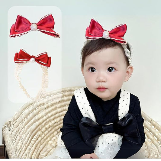 Bow Lace Headbands for Baby Girls Soft Tulle Ribbon Pearl Head Wrap Elastic Bow-knot Hair Band Shower Birthday Hair Accessory for Newborn Infant Toddler (Red A, Elastic)