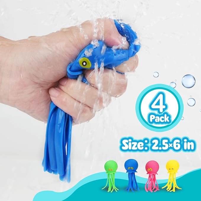 4 Pcs Octopus Water Balls Bath Toy, Sensory Stress Relief Floating Pool Beach Bathtub Toy Reusable Water Bomb Splash Balls, Easter and Christmas Goodie Bag Fillers for Baby Toddler Kids