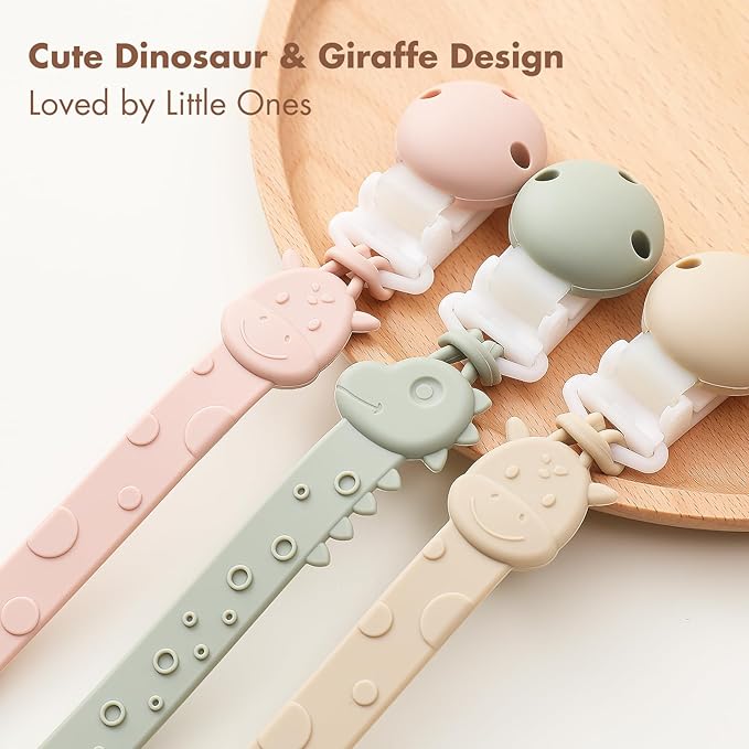 Pacifier Clips for Baby Boys Girls, One-Piece Silicone Pacifier Holder Strap 4 Pack, Binky Paci Clips Animal Rainbow Design, Lightweight Break-Resistant, Dishwasher Safe-Ivory+Sage