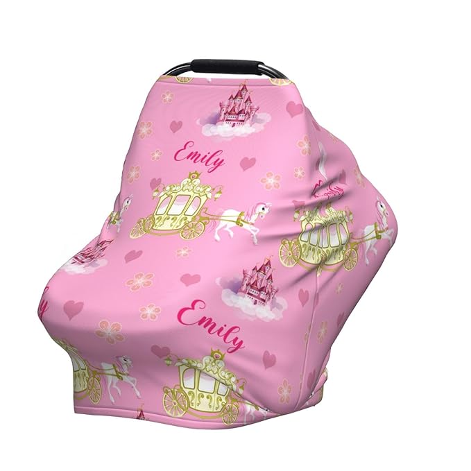 Personalized Baby Car Seat Cover for Girls, Custom Castles Nursing Covers for Breastfeeding with Name, Infant Stroller Cover, Baby Carseat Canopy for Newborn, Multiuse Car Seat Canopies