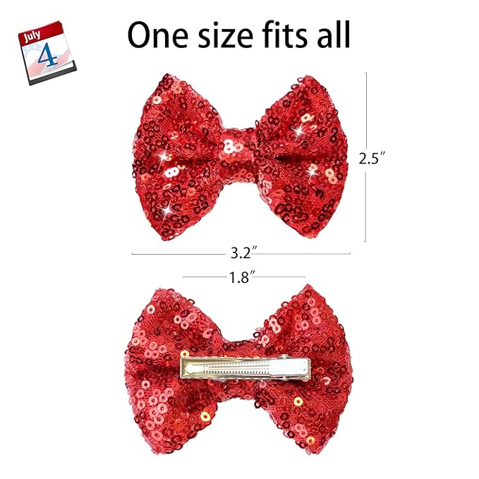4th of July Hair Accessories: Sequin Alligator Clips, Glitter Bows, Barrettes for Girls, Teens Gift