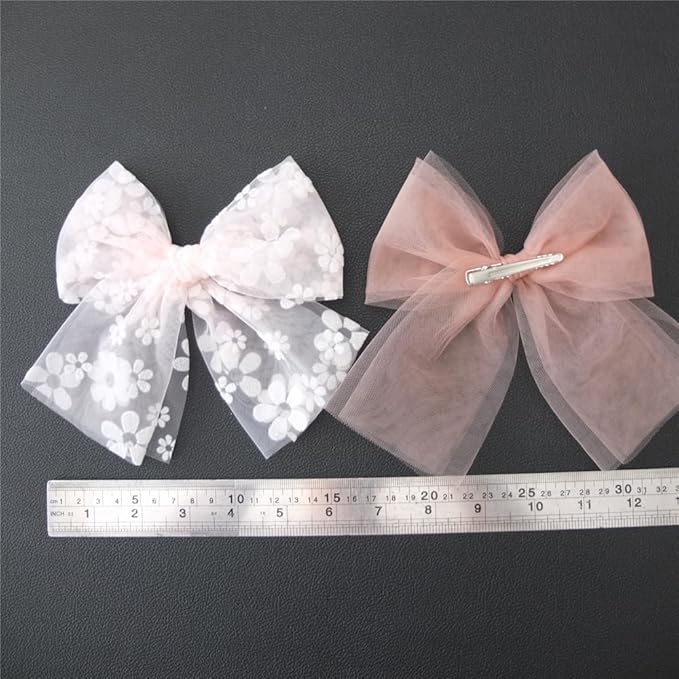 Large Tulle Bows Hair Clips for Baby Girls - Lace, Cottagecore, Lightweight Gauze Barrettes Accessories (Pink Floral and White)