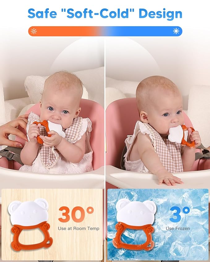 Water-Filled Freezable Baby Teether – Cooling Teething Toy for Babies 6+ Months, Gentle Comfort for Sore Gums, Includes Reusable Freezer Bags – Bear Orange
