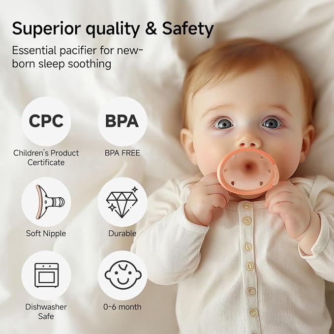 Garkoko Baby Pacifiers 0-6 Months, BPA-Free Silicone Nipple, Lightweight One-Piece Design, Set of 4, with a Pacifier Chain & Pacifier Case