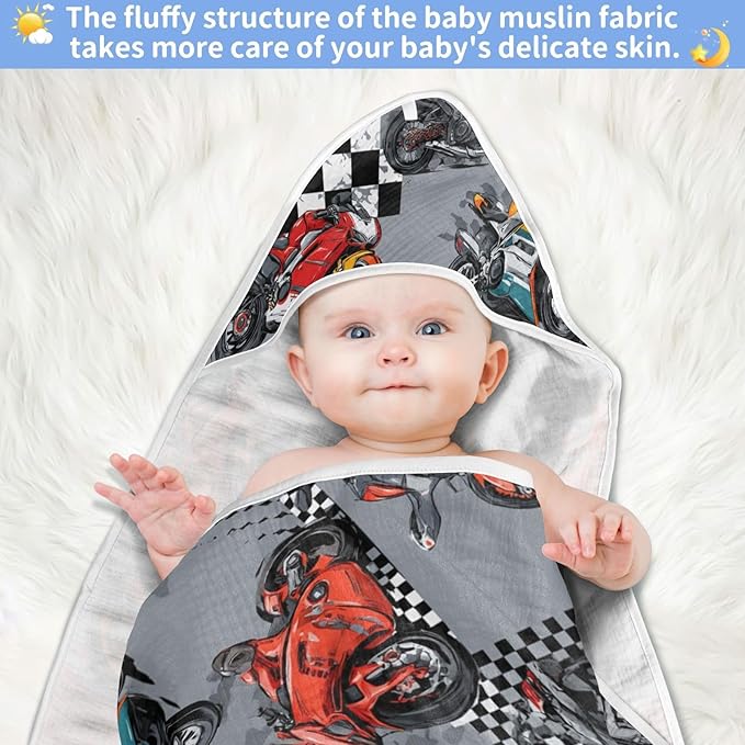 Pigsaly Car Racing Cartoon Hooded Baby Towel Race Car Flag Baby Bath Towel Unisex Soft Organic Cotton Washcloths Toddlers Shower Gifts for Boys Girls Newborn 30 x 30 in
