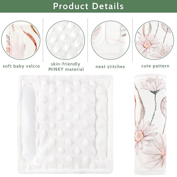 Carseat Strap Pads for Babies Girls, Double-Sided Use, Super Soft, Infant Car Seat Strap Covers, Seat Belt Covers for Baby Car Seats/Pushchair/Stroller/High Chair, Flower Pattern