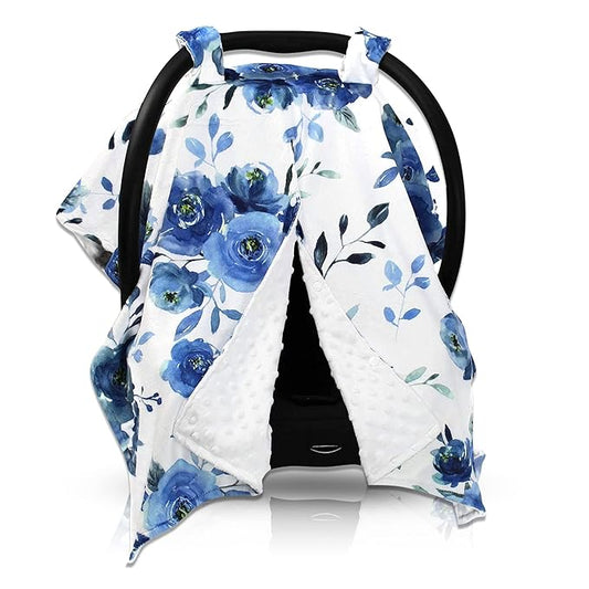 Dear Baby Gear Car Seat Cover for Boys & Girls - Baby Carseat Canopy w/Snap Opening - Infant Seat Cover - Stroller & Nursing Covers - Newborn Carrier Canopy - 40x30"(Blue Watercolor Roses, White Dot)