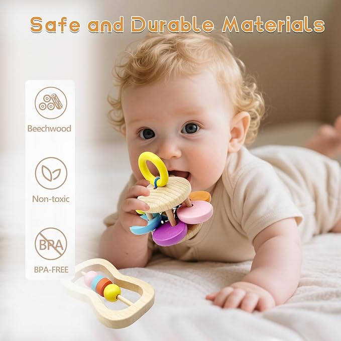 Wooden Baby Rattle, Organic Colorful Baby Rattles Set, Toddler Hand Wooden Rattles Toy Set for Infant Grasping, Sensory Development, Gift for Baby Boys Girls