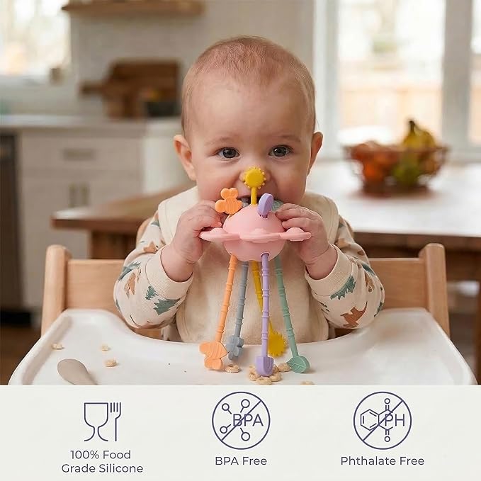 Silicone Baby Sensory Pull String Toy for 18+ Months, Montessori Toys for Toddlers, Sensory Activity Travel Toy for Airplane Car Seat Stroller, Fine Motor Skills Early Learning Gift (Light Pink)