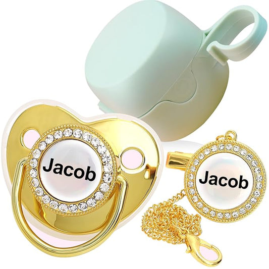 Personalized Pacifier with Name, Bling Gold Pacifier Clip Set Storage Box, Customized Glitter Crystal Luxurious Soother Ideal Gift for Boys Baby Shower Photography Newborn (Silvery) (Golden)