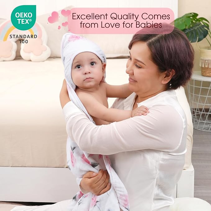 david's kids 2 Pack Hooded Baby Towels, 100% Muslin Cotton 6-Layer Ultra Soft Breathable Absorbent Baby Bath Towels for Infant and Toddler, Newborn Essentials, Large 32x32Inch, Floral