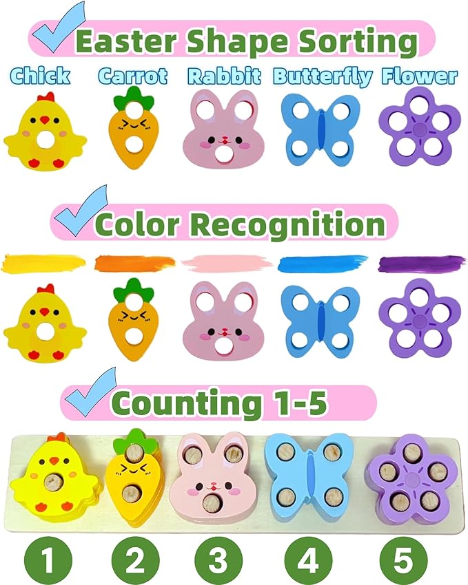 UURM Easter Montessori Toys for 1 2 3 Years, Wooden Counting & Stacking Toys for Toddlers Educational Learning Toys Easter Basket Stuffers