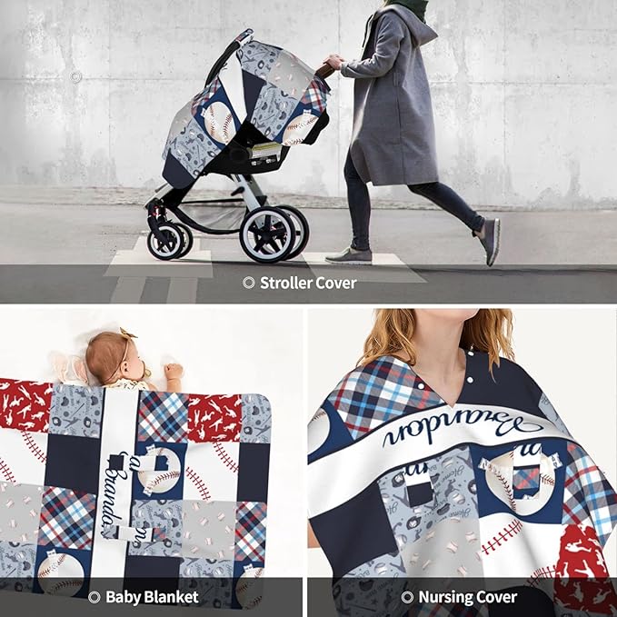 Personalized Baby Car Seat Canopy for Babies, Custom Name Car Seat Covers for Boys and Girls, Opening Minky Nursing Breastfeeding Cover for Infant, Carseat Canopies for Newborn (Baseball Theme)