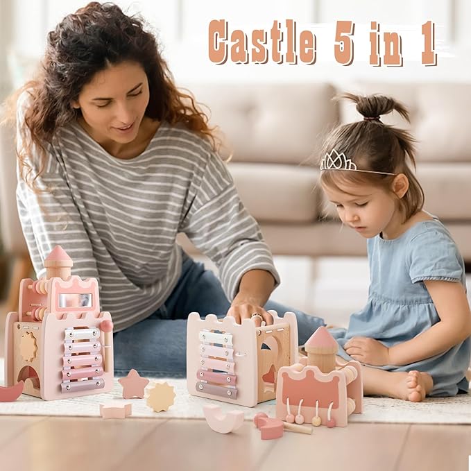 Youuys Wooden Activity Cube 9-in-1 Montessori Toys for 3+ Year Old Boys & Girls, Multipurpose Educational Sensory Learning Toys for Baby Toddlers with Mirror, First Birthday Gift (Castle)