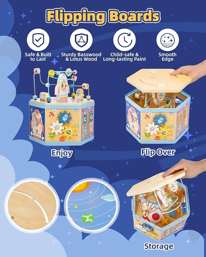 Gleamkid Large Wooden Space Activity Cube Toys, 9-in-1 Early Educational Montessori Learning Toys for 2 3 4 Toddlers with Abacus Bead Maze for 24+ Months Boys Girls First Birthday