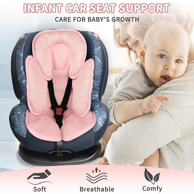 2-in-1 Baby Car Seat Cushion & Car Seat Strap Pads, Infant Car Seat Head Support & Strap Shoulder Covers, Car Seat Insert & Belt Covers for Newborn, Pink