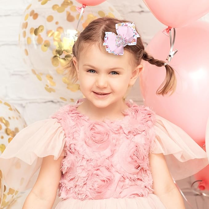 3.5-Inch Happy Birthday Hair Bow Clips for Girls,Glitter Pink Sprinkle Bow Barrettes Alligator Hairpins,Teens Toddlers Kids 4th Birthday Party Dress outfits Decor Accessories Gift
