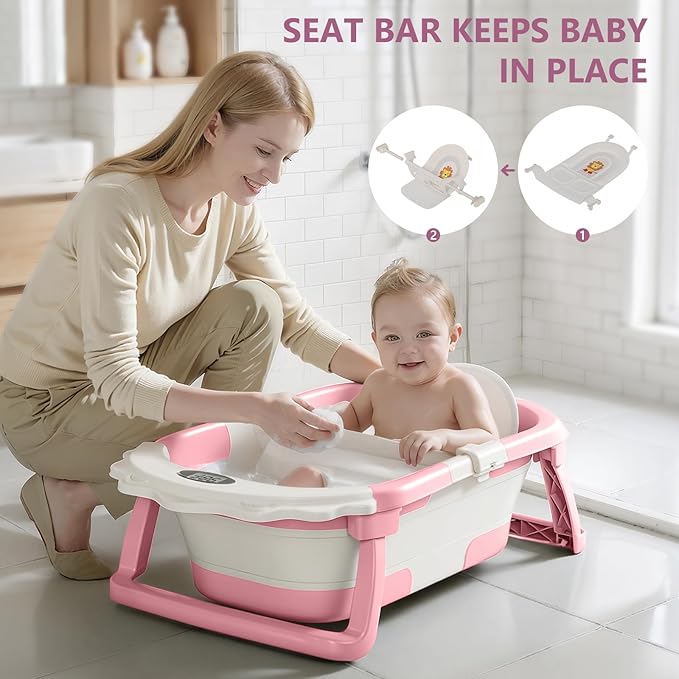 MoreFeel Foldable Baby Bathtub with Thermometer - 4-in-1 Grow-with-Me Collapsible Infant Tub (Newborn to Toddler) with Adjustable Mesh Sling - Space Saving Design