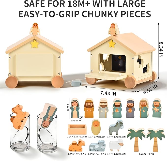 Wooden Nativity Set Montessori Toys for 1 Year Old - Baptism Gifts for Boys Girls - Religious Christening Gift - Bible Toys for Toddlers 1-3 House on Wheels Shape Sorter