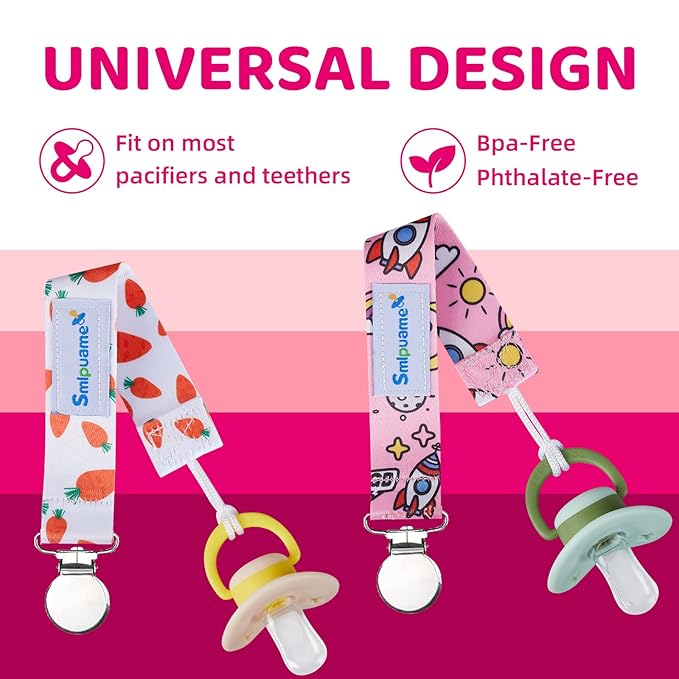 Smlpuame Pacifier Clip Girl,6 Pack Stylish Binky Clips Strap for Baby Girls,Paci Holder with Metal Clip Lightweight Universal Fits Most Pacifiers Teether Toy Soothie,Baby Gifts(Pink & Grey)