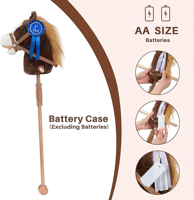 HollyHOME Stick Horse Plush with Detachable Blue Ribbon Champion Hobby Horse on Stick with Wood Wheels Real Pony Neighing for Kids Toddlers Chocolate 36 Inches(AA Batteries Required)