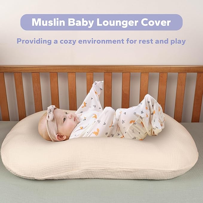 FUNUPUP Muslin Baby Lounger Cover Compatible with Snuggle Me Lounger, Infant Lounger Pillow Cover for Newborn, Removable Newborn Lounger Cover for Boys and Girls, Only Cover, Beige