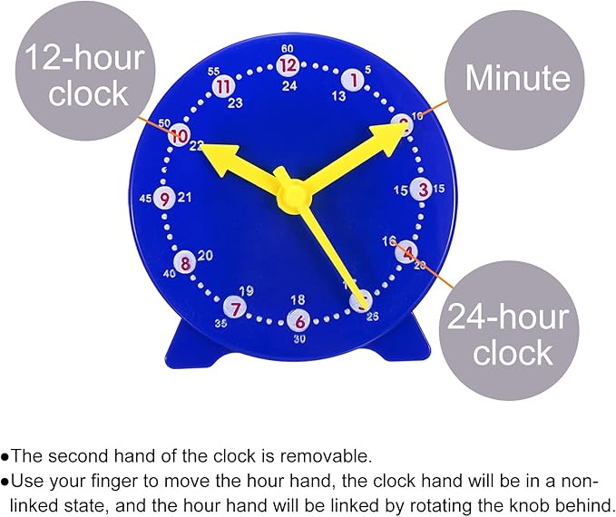 PATIKIL 4 inch Teaching Clock, Learn Clock Learning Tell Time Analog Clock Demonstration Clock 24 Hour 3 Pointers Geared Movement for Classroom Teacher, Blue