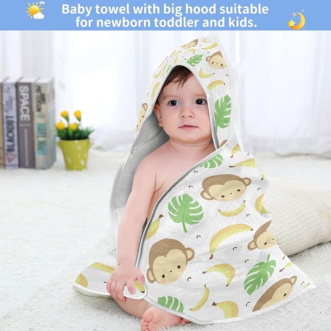 Cute Monkey Baby Boys Girls Bath Towel Banana Palm Leaves Hooded Towels Newborn Toddlers Organic Cotton Washcloths Shower Beach Towel 35 x 35 Inch
