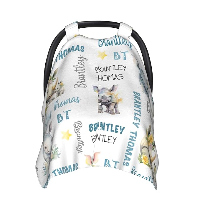 Personalized Winter Baby Car Seat Cover with Name Rhinoceros Car Seat Cover for Baby Seat or Stroller Custom Infant Car Seat Covers Rhino Minky Blankets Nursing Cover Breastfeeding Scarf