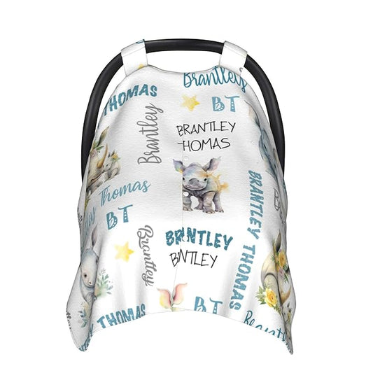 Personalized Winter Baby Car Seat Cover with Name Rhinoceros Car Seat Cover for Baby Seat or Stroller Custom Infant Car Seat Covers Rhino Minky Blankets Nursing Cover Breastfeeding Scarf