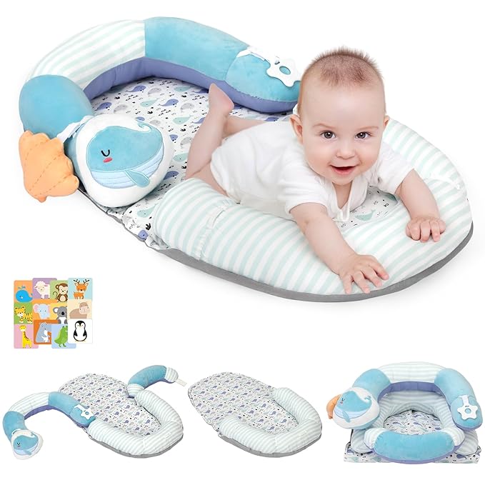Foryoomi 4 in 1 Tummy Time Mat with Educational Cards, Play Mat & Sitting Support for Newborn 0-12 Months, Infant Baby Sit Me Up Floor Seat, Sensory Skills Gifts, Blue Whale
