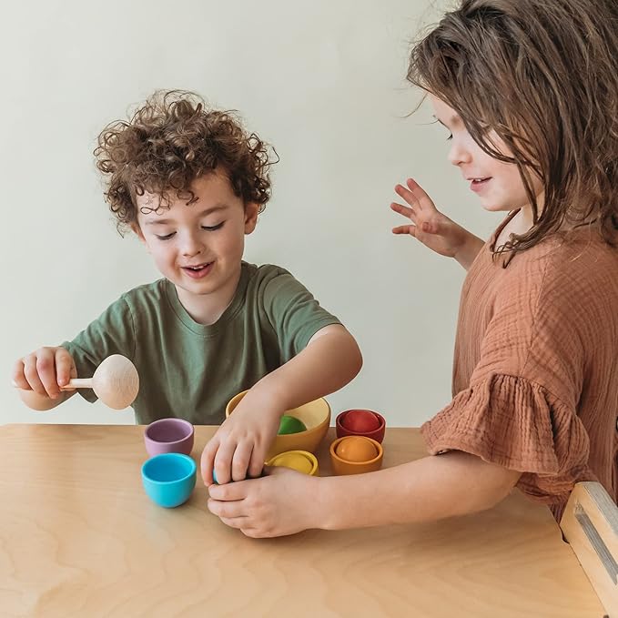 Montessori Large Rainbow Colored Sorting Ball in Cup | Preschool Color Matching Toy | Gross Motor Transfer Activity | 6 Toddler Safe Wooden Balls 46mm in Diameter - Non-Choking-Hazard