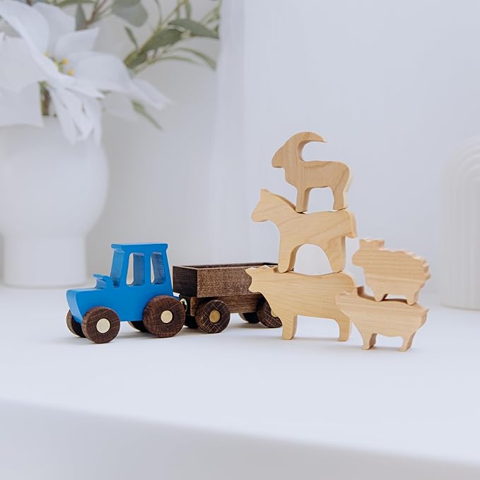 BUSY PUZZLE Wooden Tractor Toy with Trailer and Farm Animals, Natural Solid Wood Push Vehicle for Toddlers, Birthday Gift, Montessori Farm Play Set