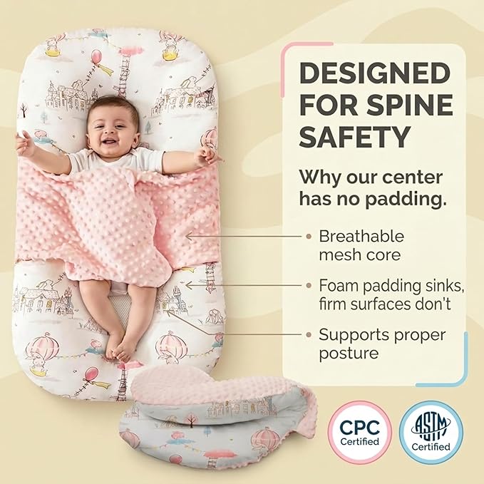 Baby Lounger Pillow for Newborn – Large Infant Lounger 0-24 Months | Anti-Startle Removable Wings, Breathable Mesh Core | 2-Sided Cotton & Minky Cover | Tummy Time Mat, Portable Baby Nest (Pink)