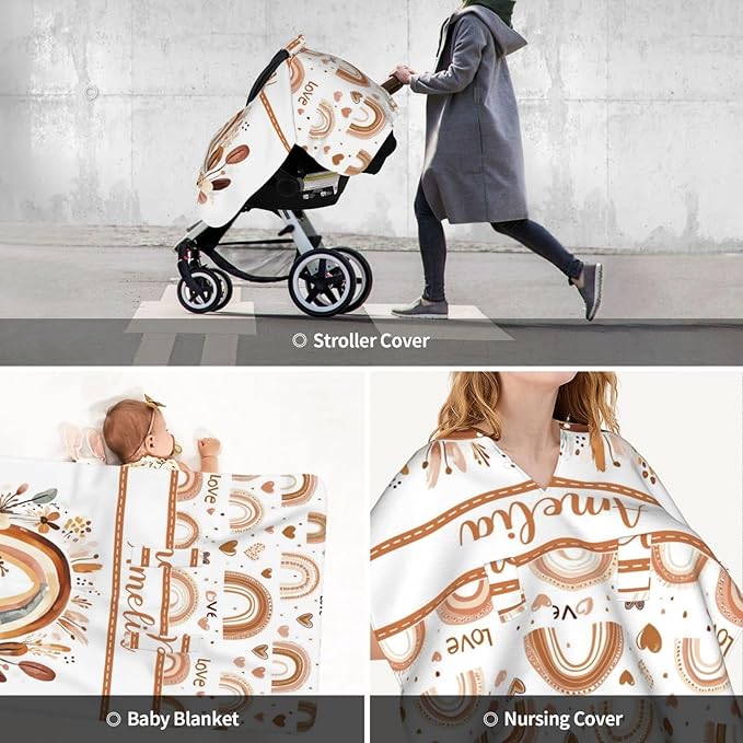 Personalized Boho Rainbow Baby Car Seat Canopy for Girls, Custom Name Baby Carseats Cover, Multi-use Nursing Covers Breastfeeding Scarf for Infant Newborn, Strollers Carseat Canopies