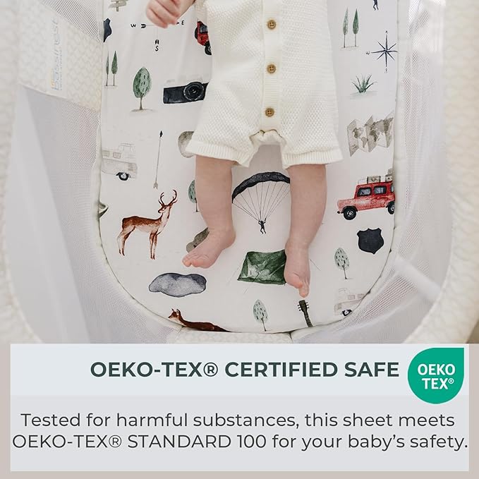Pobibaby - 2 Pack Premium Bassinet Sheets for Standard Bassinets - Ultra-Soft Cotton Blend, Stylish Woodland Pattern, Safe and Snug for Baby (Explore)