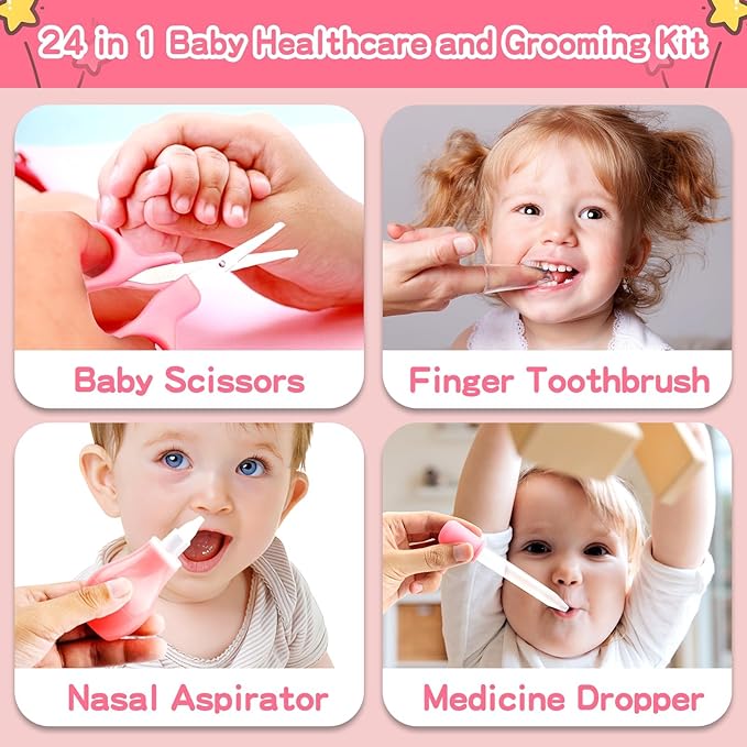 Qunlions life Baby Grooming Kit, Infant Safety Care Set with Hair Brush Comb Nail Clipper Nasal Aspirator,Baby Essentials Kit for Newborn Girls Boys, Pink-24- in-1