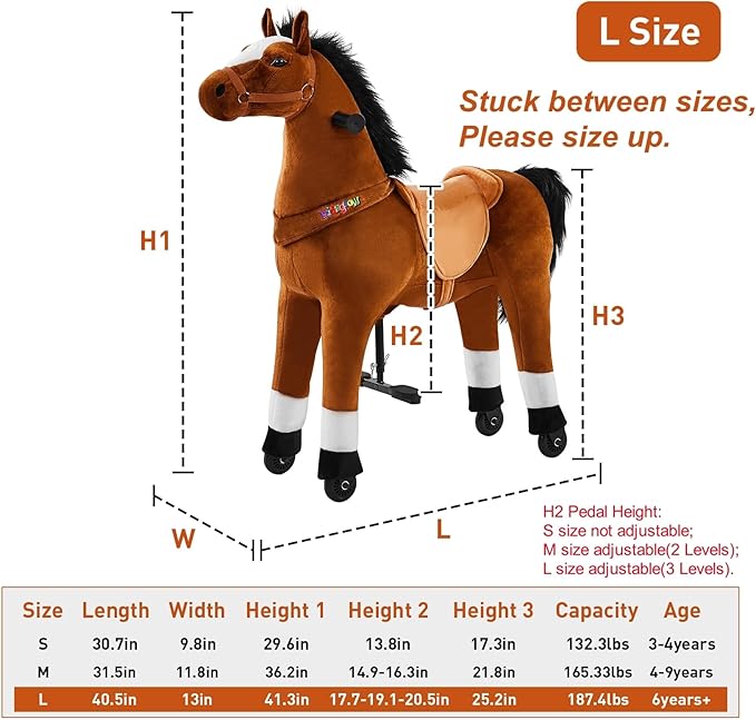 Ride on Horse Toy for Kids Riding Horse Pony Rider Mechanical Cycle Walking Action Plush Animal for 6 to 14 Years, No Battery or Electricity,Max Load 187 LBS, Large Size