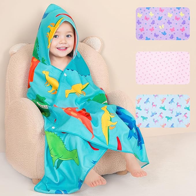 Basumee Toddler Bath Towels with Hood for 0–6 Years 55" x 28" Soft Absorbent Hooded Kids Bath Towel with Button for Boys and Girls Shower Bath Beach Swimming Essentials
