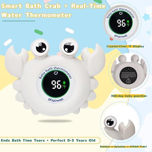 Baby Bath Thermometer Crab Toy - Digital Floating Water Thermometer with LED Display & Color Alerts for Infants, Cute Bath Tub Sensor & Safe Bath Time Essential Toy