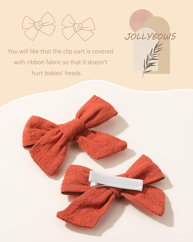 Jollybows 2pcs 3.2" Hair Bows Clips for Baby Girl Christmas Toddler Pigtail Bows Neutral Linen Hair Clip -Brick Red