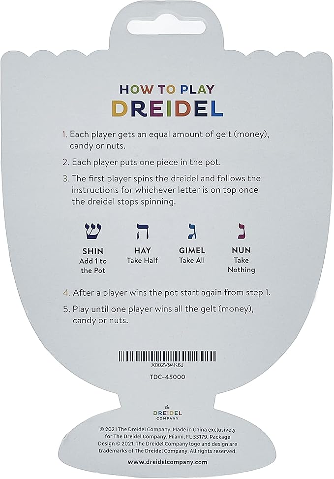 The Dreidel Company Wood Multi-Colored Dreidels Medium Sized Hanukkah Draydels with English Transliteration - (Pack of 4)