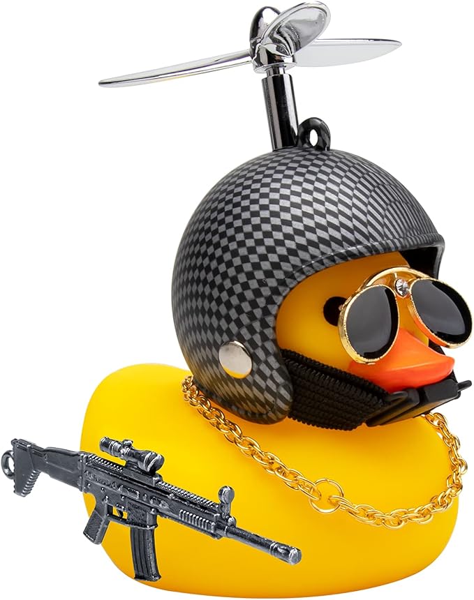 wonuu Rubber Duck Car Ornaments Cool Yellow Duck Car Dashboard Decorations Squeaky Glasses Duck with Propeller Helmet for Car ccessories Dashboard (Y-Black and White Grid)