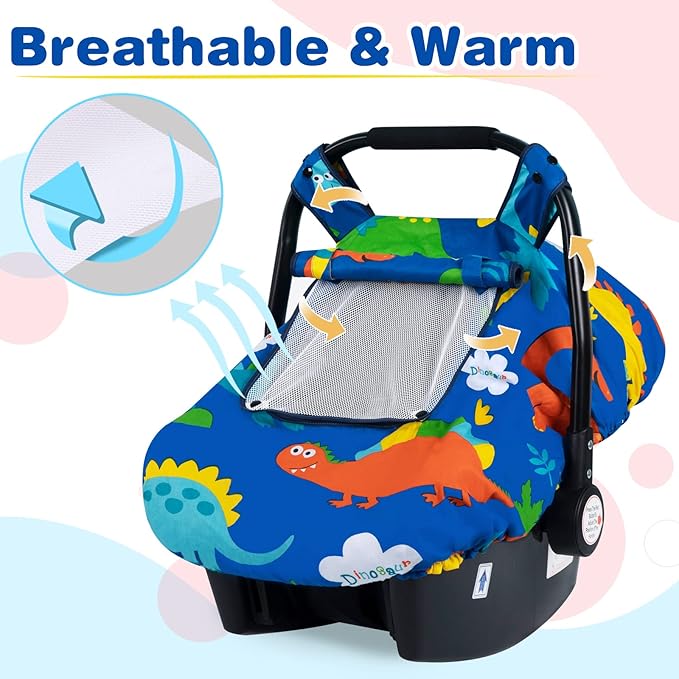 SMTTW Baby Car Seat Covers, Infant Car Canopy for Spring Summer Autumn Winter, Universal Fit, Snug Warm Breathable, Car Seat Canopy for Boys Girls (Dinasour)